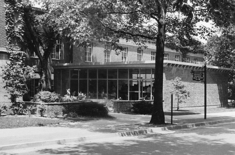 Black and white photo of exterior Borland Building by Penn State Archives