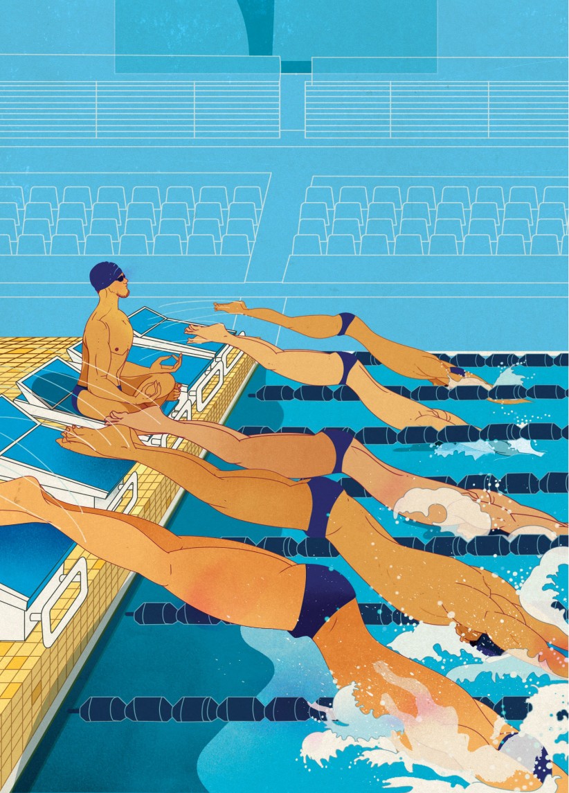 illustration of a swimmer meditating at the edge of a pool as other swimmers dive in by Marcos Chin