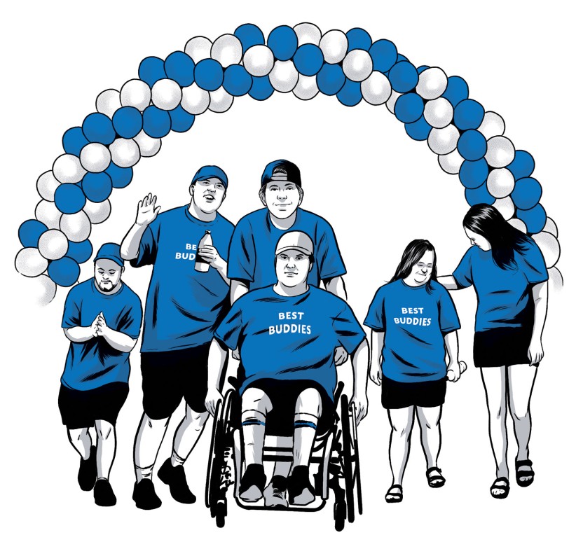 illustration of a group of people of varied abilities gathered under a balloon arch by Joel Kimmel