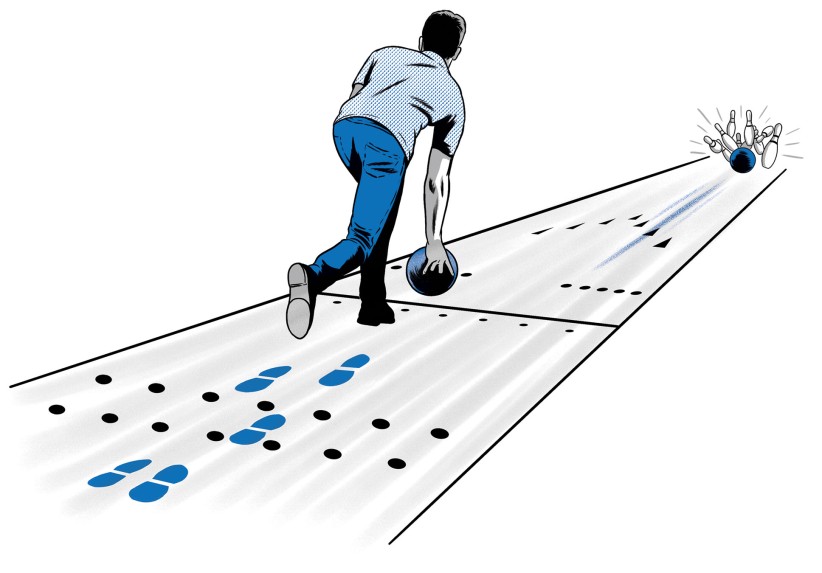 illustration of a man about to throw a bowling bowl down an alley with floor markers by Joel Kimmel