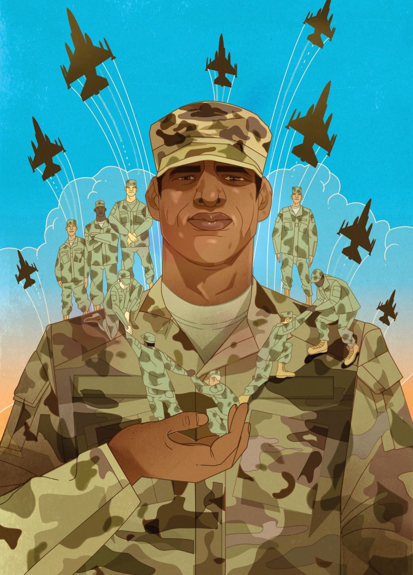 Illustration of a serviceman in uniform holding smaller serviceman figures as military aircraft fly behind and overhead, by Marcos Chin