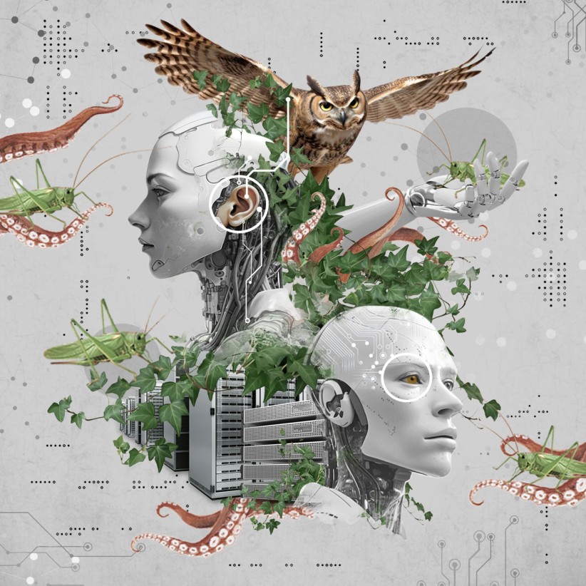 conceptual illustration of two robotic human heads and arms with urban and biological imagery by Nadia Radic