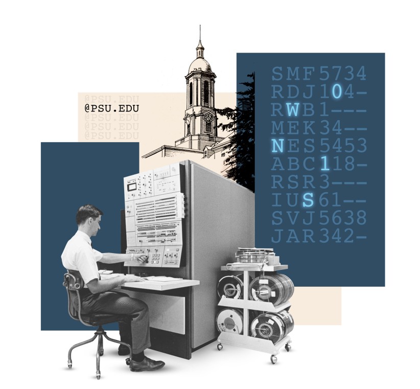 illustration of a person sitting at a super computer with drawing of Old Main and a list of initials with some letters lit up in the background, by Nick Sloff '92 A&A