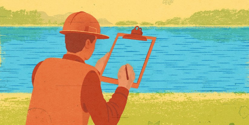 illustration of a man wearing a hard hat and making notes on a clipboard in front of a river by Richard Mia