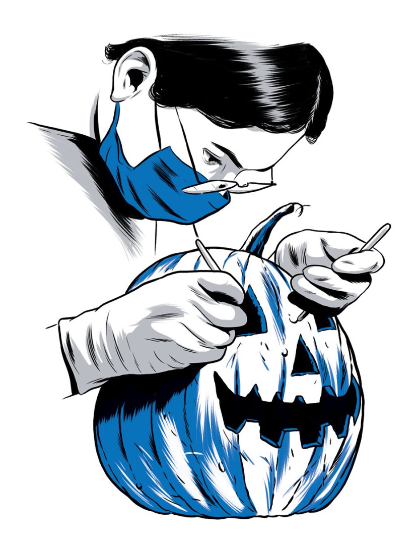 illustration of a dental student practicing on a jack-o-lantern by Joel Kimmel