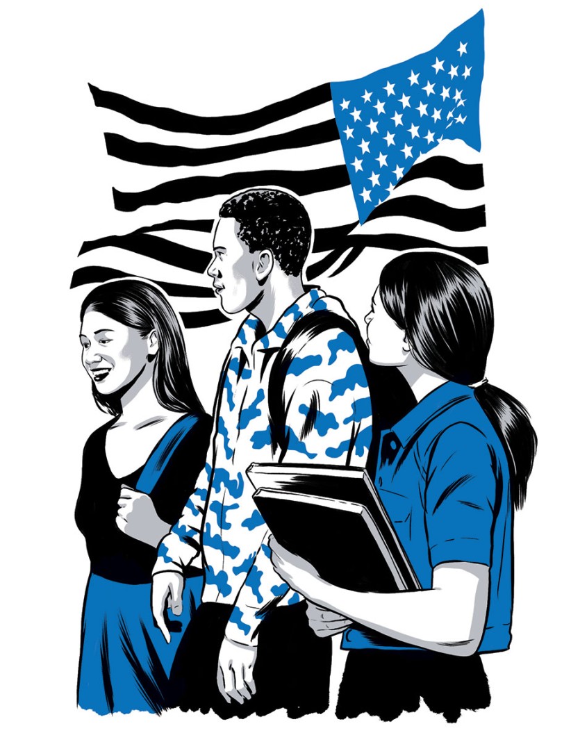 illustration of three students in front of American flag by Joel Kimmel