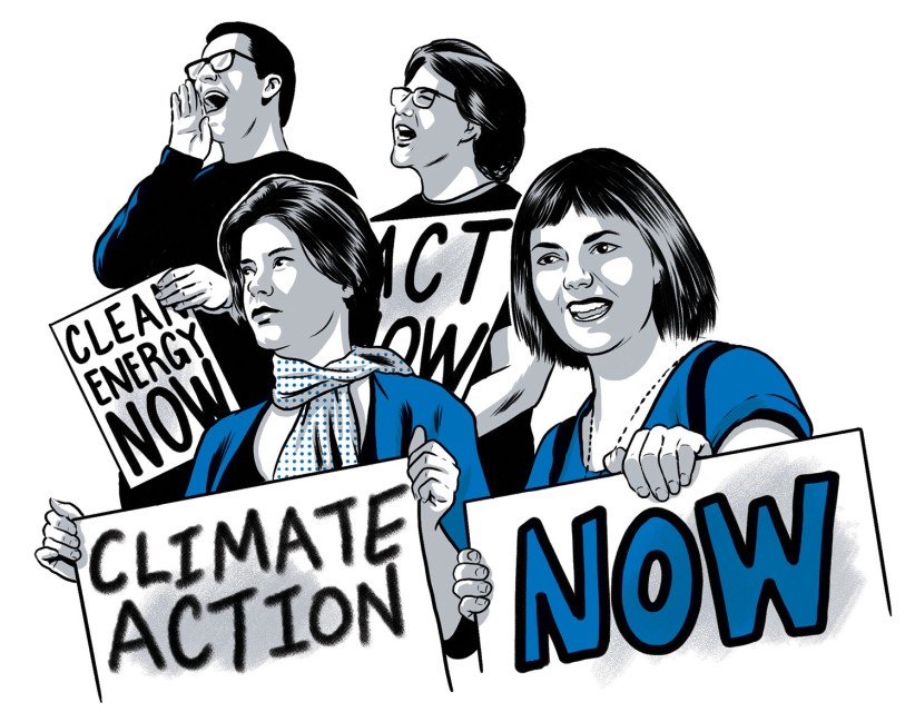 illustration of students holding signs demonstrating support for climate change initiatives by Joel Kimmel