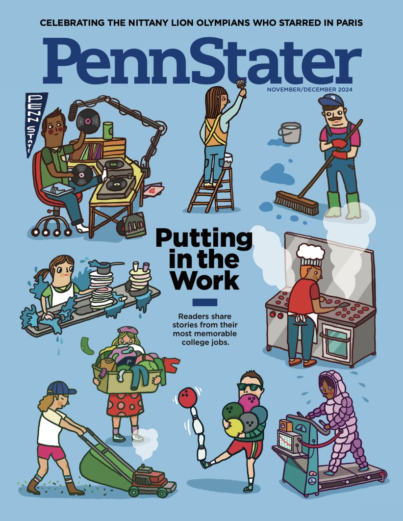 cover of Nov/Dec '24 issue of Penn Stater magazine with college jobs illustration by Aaron Meshon