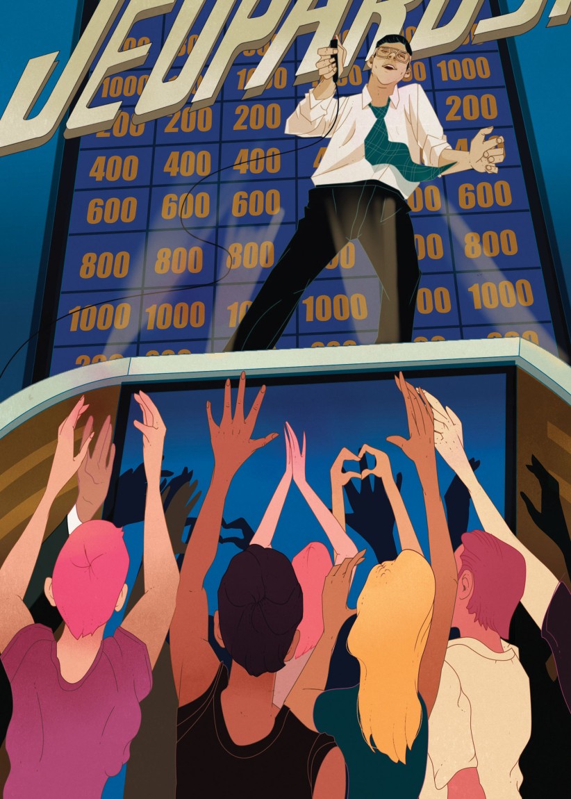 illustration of an audience raising arms below a man on Jeopardy stage by Marcos Chin