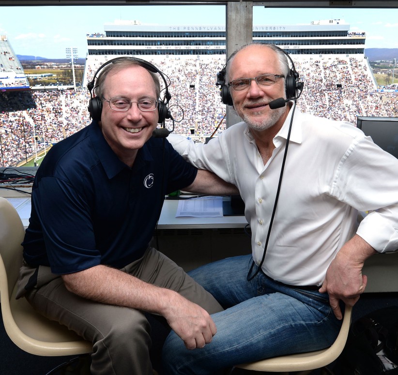 Steve Jones and Jack Ham in the Beaver Stadium broadcast booth by Steve Manuel '84 Lib, '92 MA Com