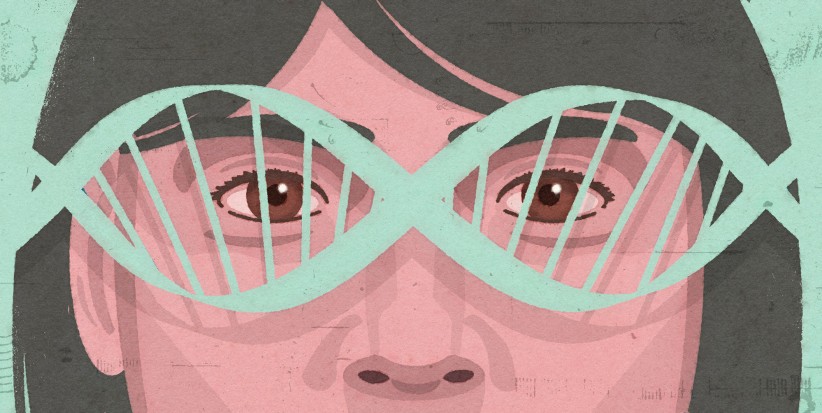 illustration of a closeup of a person peering at a horizonally oriented double helix positioned to look like glasses by Richard Mia