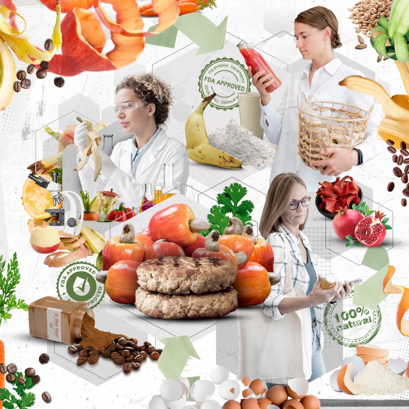 conceptual illustration of several scientists examining food products and an array of fresh food imagery by Nadia Radic