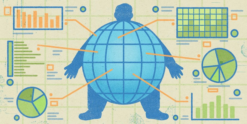 conceptual illustration of a person with middle enlarged to look like plant with various graphs pointing to it by Richard Mia