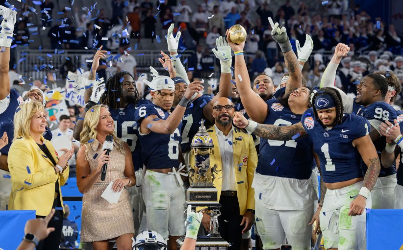photo of Penn State football players celebrating playoff run by Mark Selders for Penn State Athletics