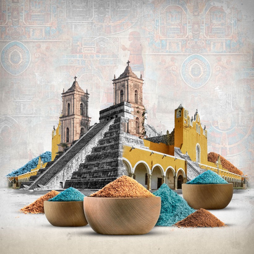 illustration of a structure with multiple spires and steep stone steps behind bowls of yellow and blue green pigments by Nadia Radic