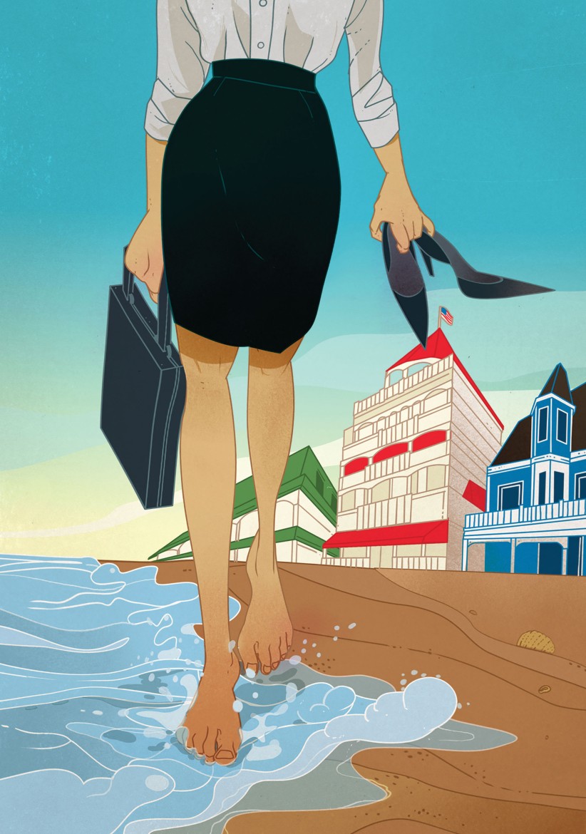 illustration of a woman wearing business attire wading in the ocean holding briefcase and high heels by Marcos Chin