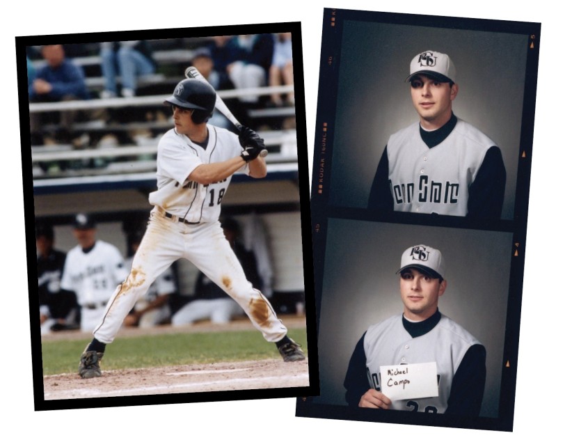 three photo collage of Michael Campo playing baseball by Penn State Archives