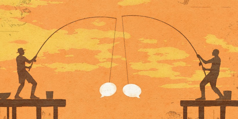 illustration of two people fishing from opposite piers and reeling in a quote bubble graphic by Richard Mia