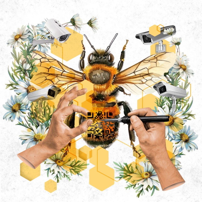 conceptual illustration of a honeybee with hands inking a QR code on its back and flowers and honeycomb shapes around it by Nadia Radic