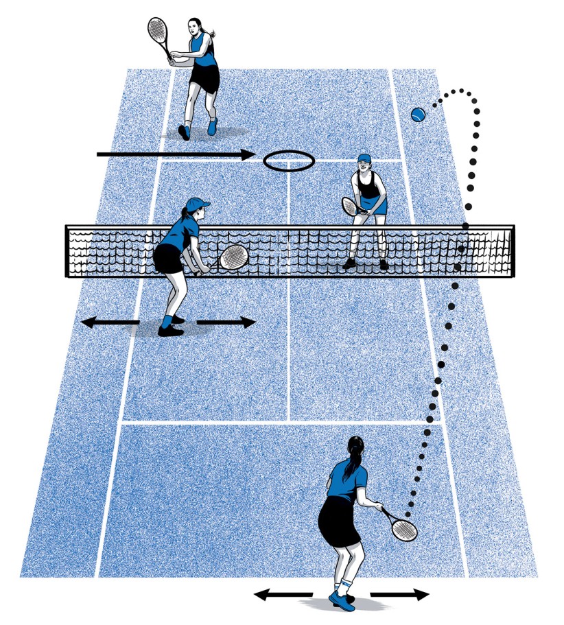illustration of a doubles tennis match by Joel Kimmel