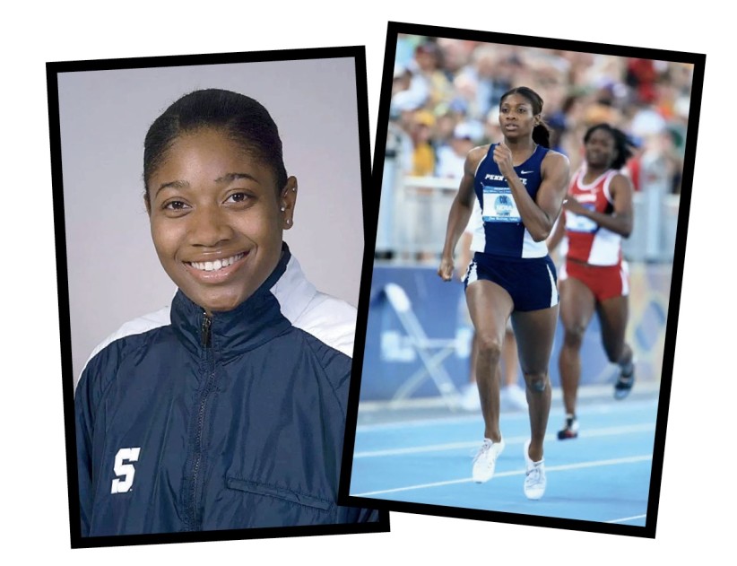 head shot of Shana Cox beside a photo of her running for Penn State, by Penn State Athletics
