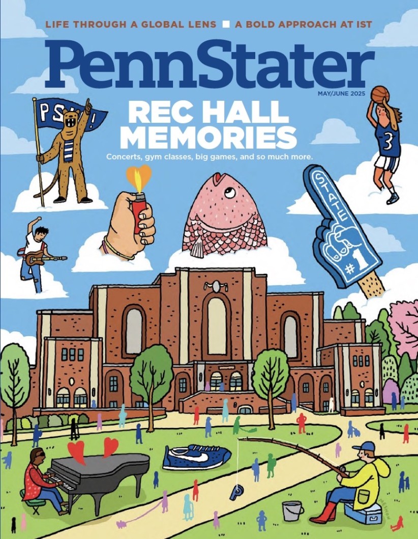 cover of May/June 2025 issue featuring illustrations of Rec Hall memories by Aaron Meshon