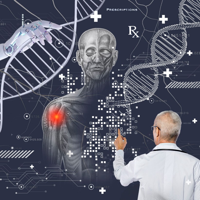 conceptual illustration of a doctor pointing at a graphic of a human form with DNA and technology symbols, by Nadia Radic