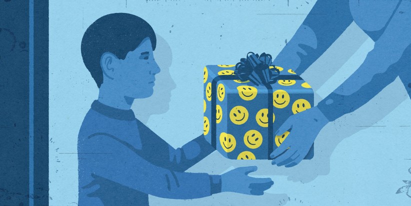 blue-washed illustration of a parent handing a child a gift wrapped in smiley face paper by Richard Mia