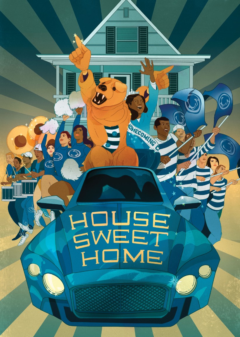 illustration of the Nittany Lion and a dozen Penn Staters parading in a blue car that says House Sweet Home before a house in the background, by Marcos Chin