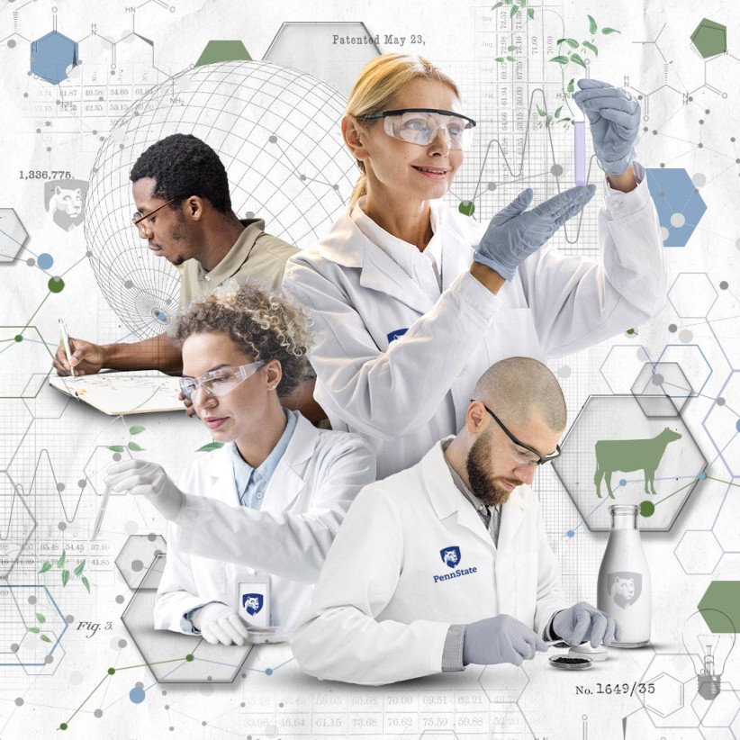 conceptual illustration of scientists with lab equipment analyzing data with scientific icons and graphics in the background, by Nadia Radic