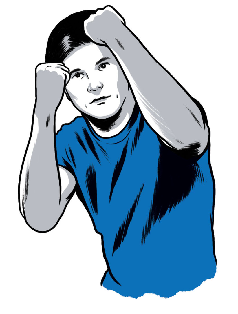 illustration of a boxer holding up both fists as if warding off blows by Joel Kimmel