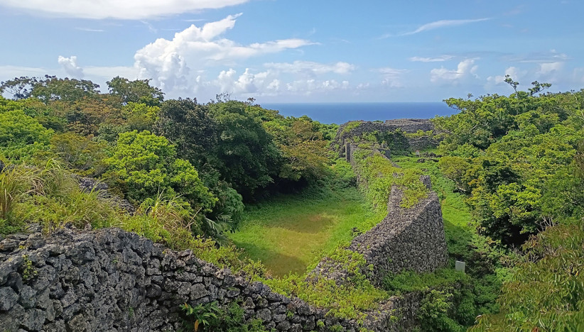 photo of lush green mountains and stone wall in Japan's Ryukyu Islands, courtesy