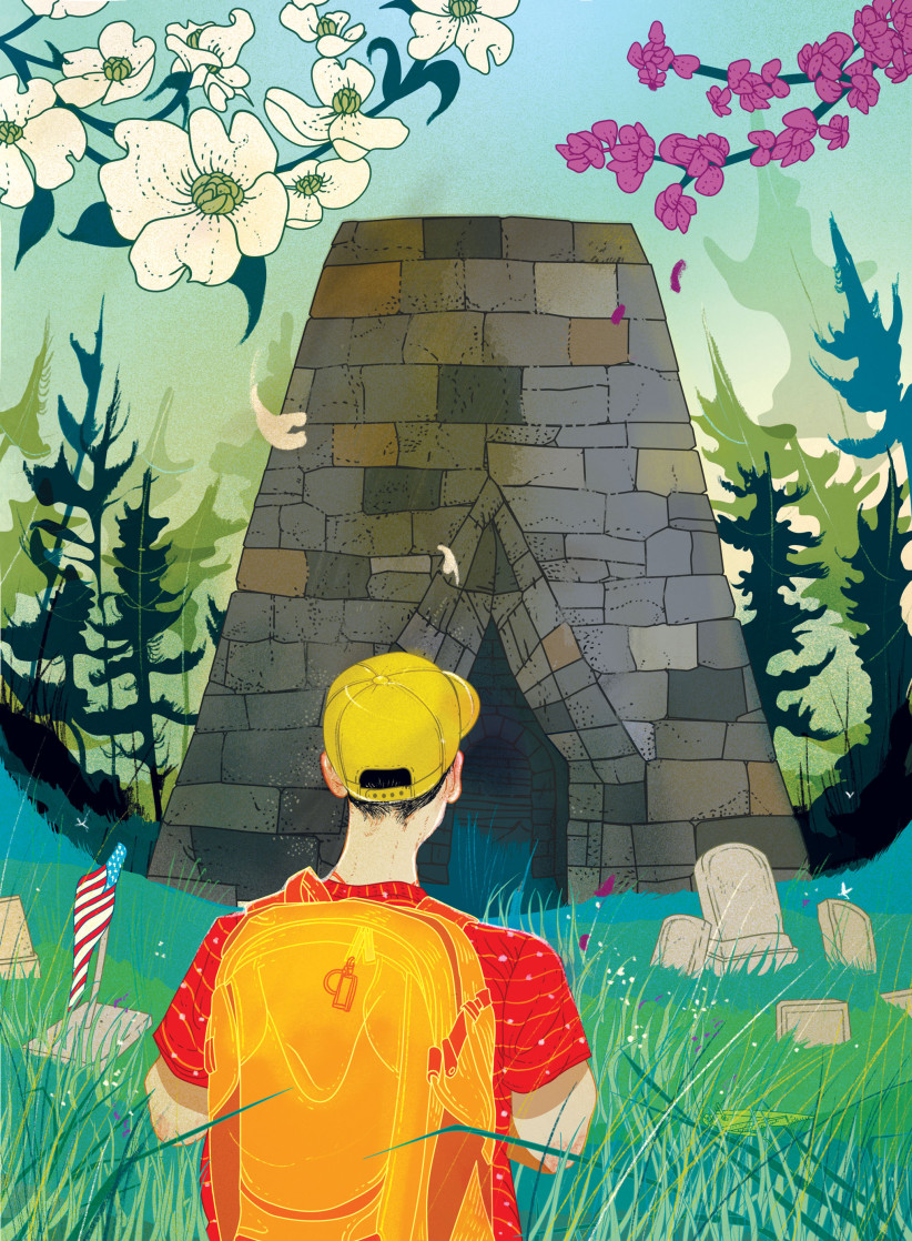 colorful illustration of a person wearing a ball cap and backpack hiking in Greenwood Furnace State Park by Marcos Chin