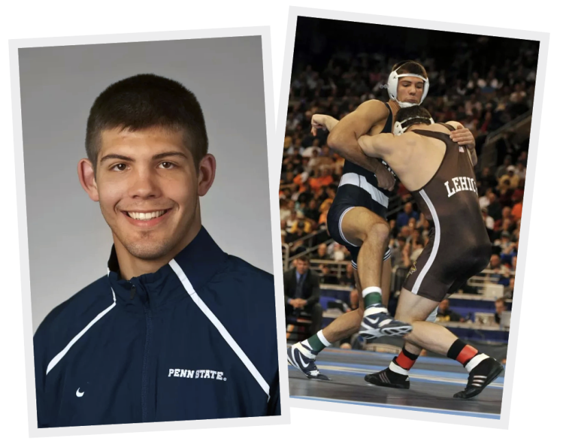 side by side photos of Wright, one a head shot and one in action on the mat, by Penn State Athletics