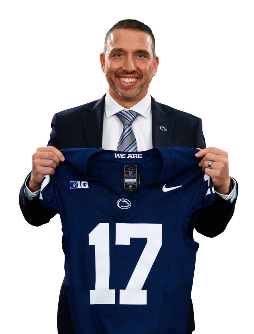 Matt Campbell holding up a Penn State jersey, photo by Mark Selders/Penn State Athletics