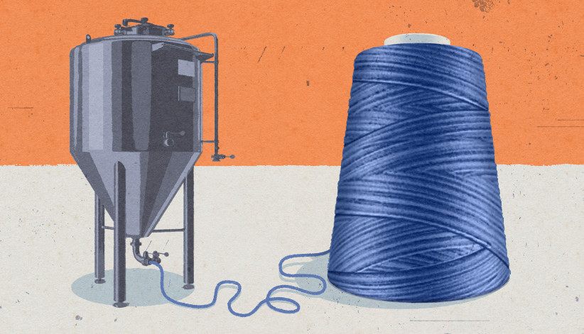 illustration of a waste container dispeling blue thread that winds around a spool by Richard Mia