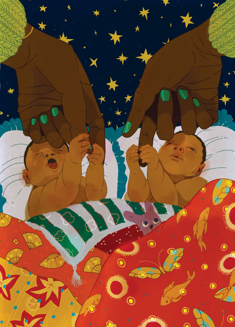 illustration of two preemie babies under a colorful blanket with adult hands touching them by Marcos Chin