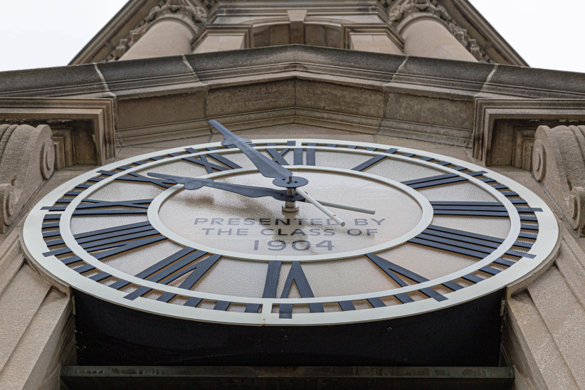 closeup of the clock tower on Old Main, gift from the Class of 1904, photo by Nick Sloff '92 A&A