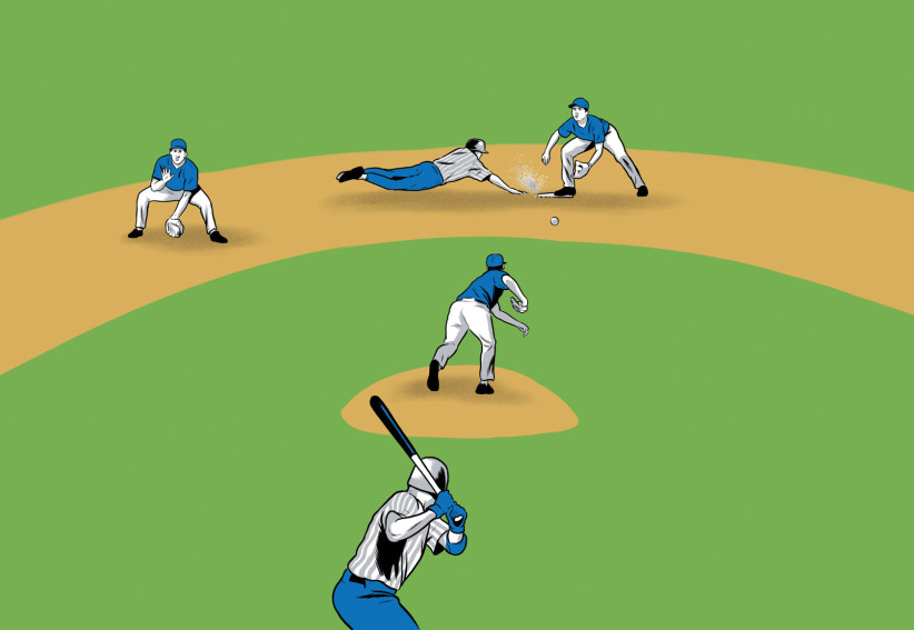 illustration of a baseball hitter, pitcher, shortstop, second baseman, and base runner in play by Joel Kimmel