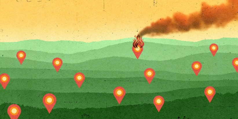 illustration of a green landscape dotted with location pins with one of them flaming and smoking by Richard Mia
