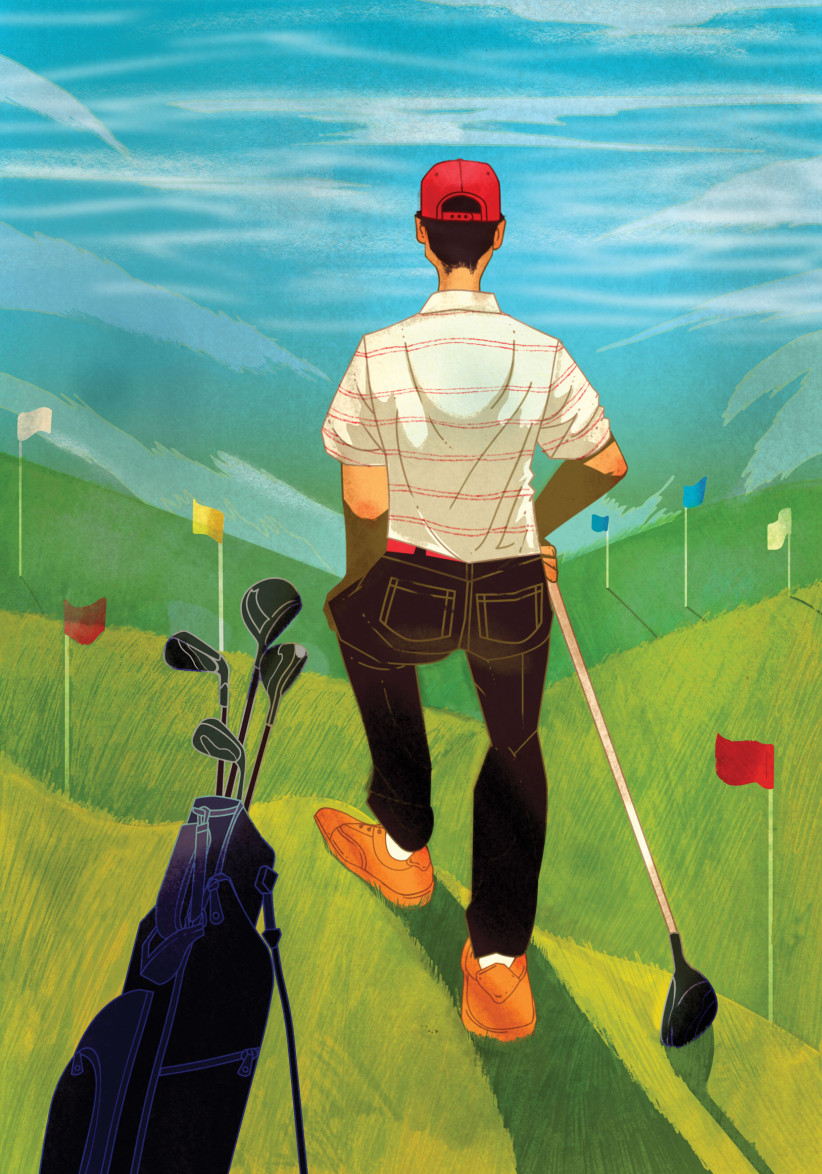 illustration of back view of a man with golf clubs overlooking a course by Marcos Chin
