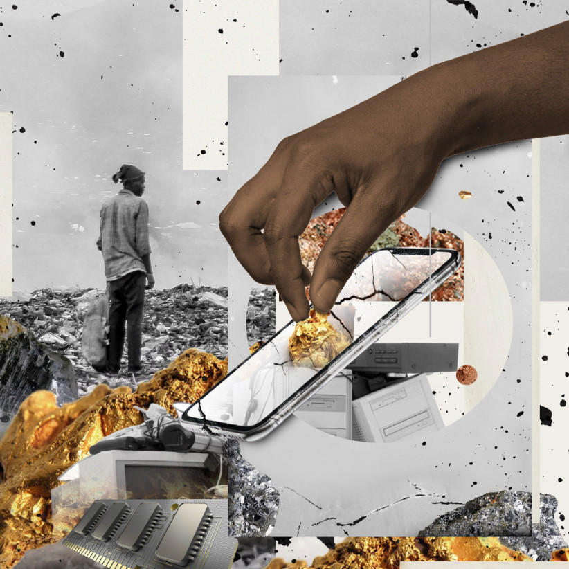 conceptual illustration of a hand reaching down to pull a gold nugget from a cell phone screen by Nadia Radic