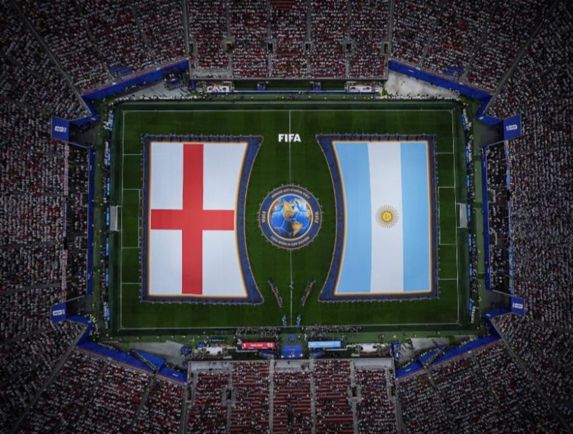aerial graphic of FIFA World Cup soccer field with England and Argentina flags