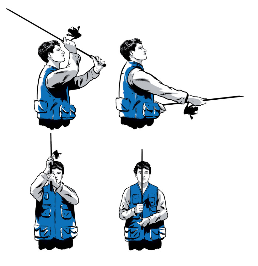 illustration of four stages of casting a fishing line by Joel Kimmel