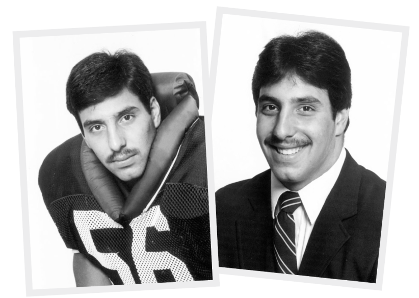 side by side black and white head shots of Radecic, one in uniform and one in a suit, by Penn State Archives