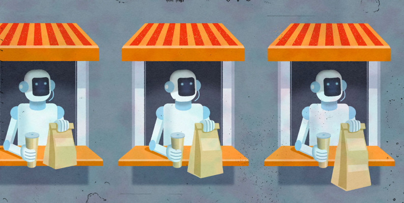 illustration of three drive-thru windows manned by robots holding out soft drinks and bags of food by Richard Mia