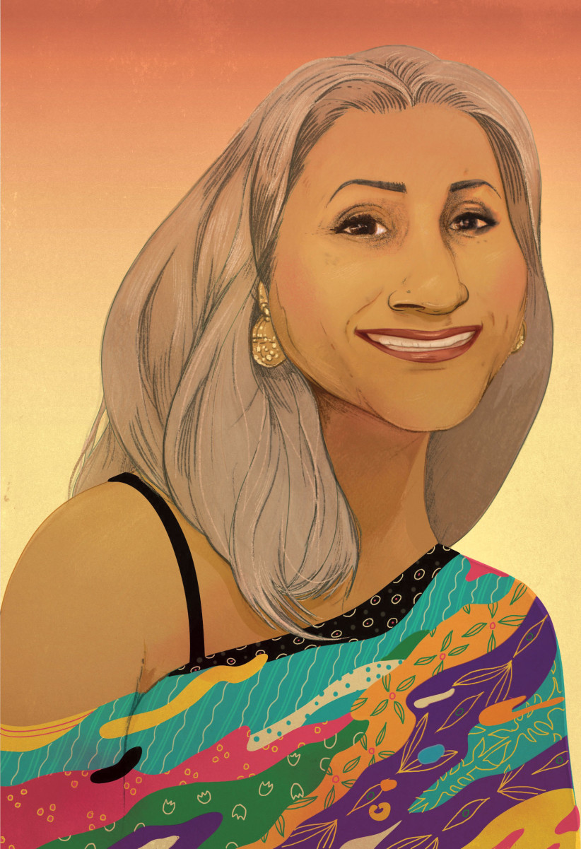 illustration of Savita Iyer, an Indian woman with shoulder-length salt and pepper hair wearing a colorful wrap and gold earrings, by Marcos Chin
