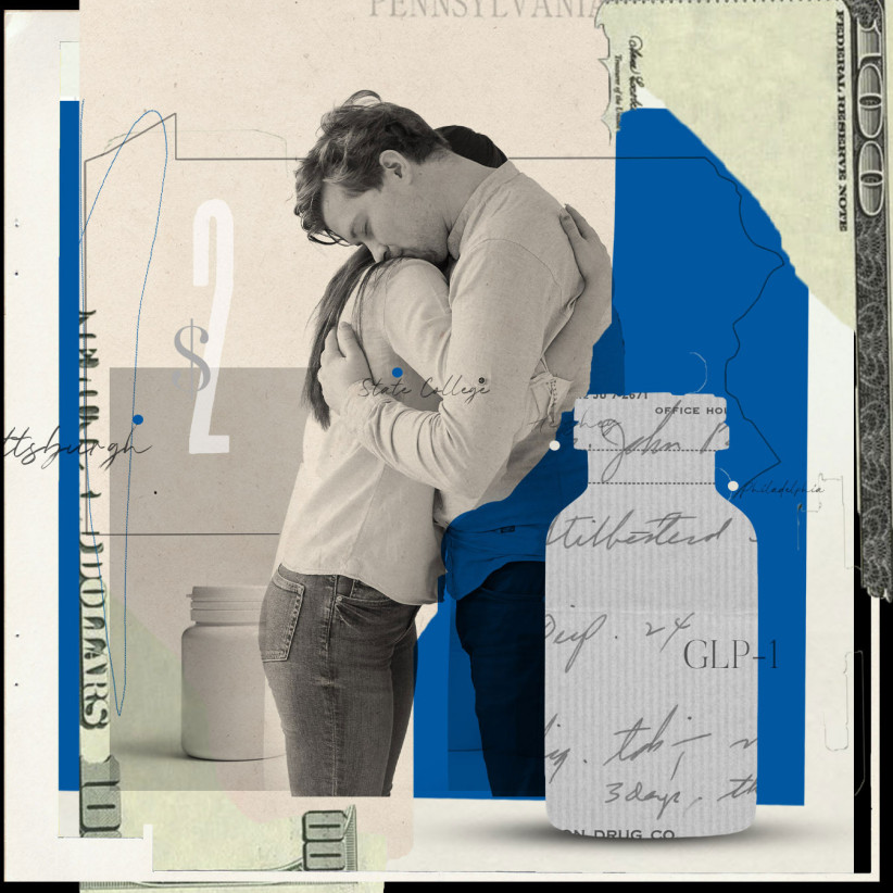 conceptual illustration of a black and white photo of two people hugging with pill bottle and money images by Nadia Radic