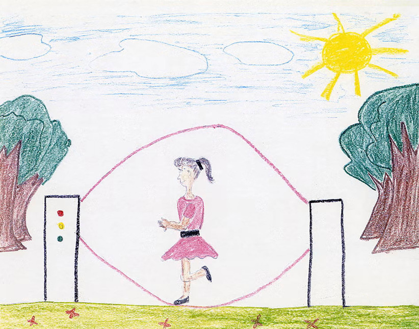 illustration of a girl using an automated jump rope machine by Reid-Smith