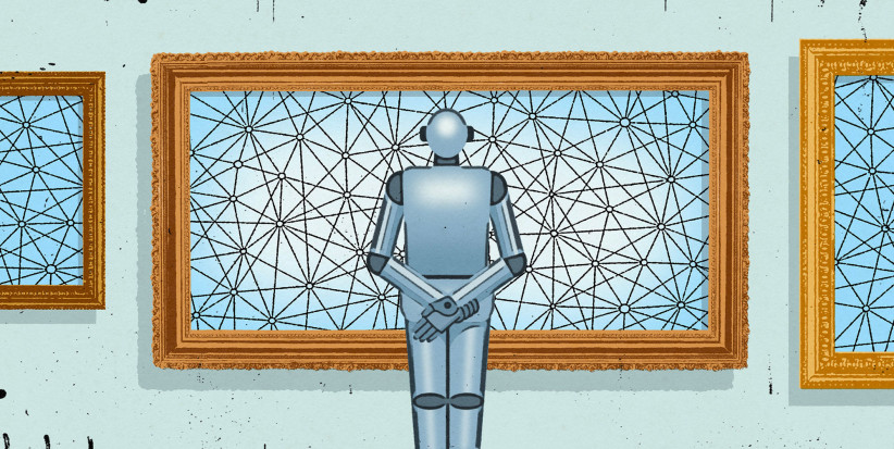 illustration of a robot observing a framed piece of art by Richard Mia